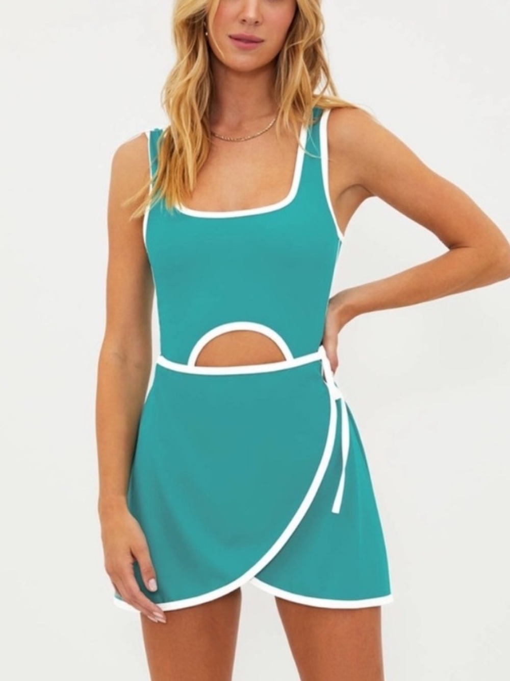 Beach Riot Teal Athletic Dress with White Trim and Tie Waist Size Small